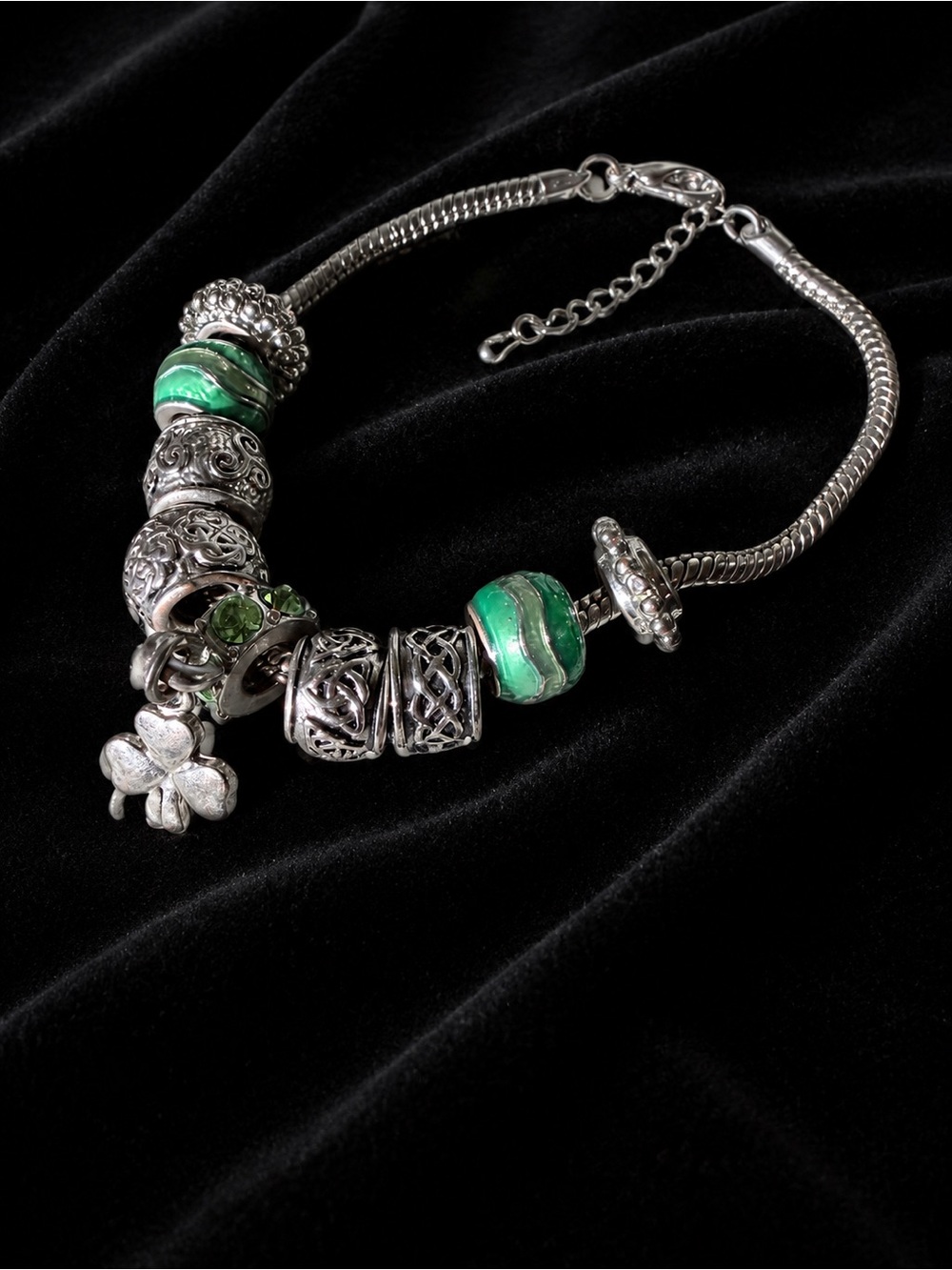 Silver Snake Chain Bracelet with Beads and a Shamrock Charm